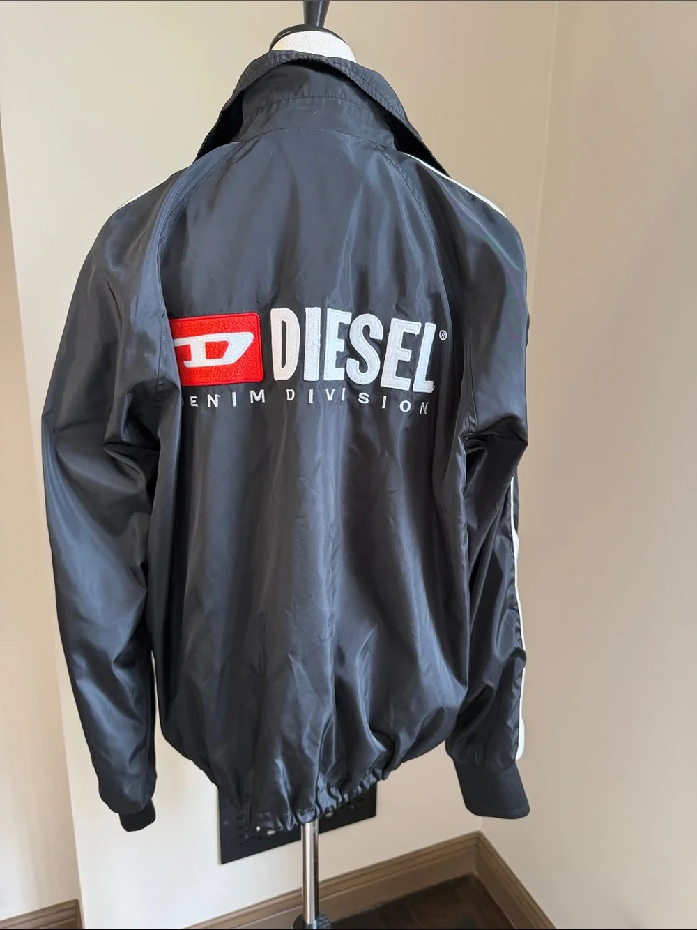 Diesel Black Windbreaker with White Snaps and Red Logo Medium Like New